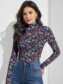 女式花卉印花高领长袖上衣、修身套头衫、高弹力打底衫、常规 T 恤 - 彩色 - 查看 1