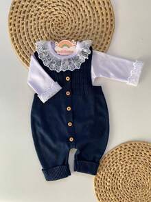 Ema Button Knit Set Girl Bodysuit Overalls Baby Romper - Navy Blue - View 1