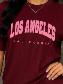 Set Mujer 2 Piezas Acanalado Premium Camiseta Oversize con Biker Fitness Casual Diario Conjunto casual  Conjunto deportivo  Ropa cómoda  Outfit urbano  Look relajado  Letras    Casual    Ninguno - Color caoba - Ver 2