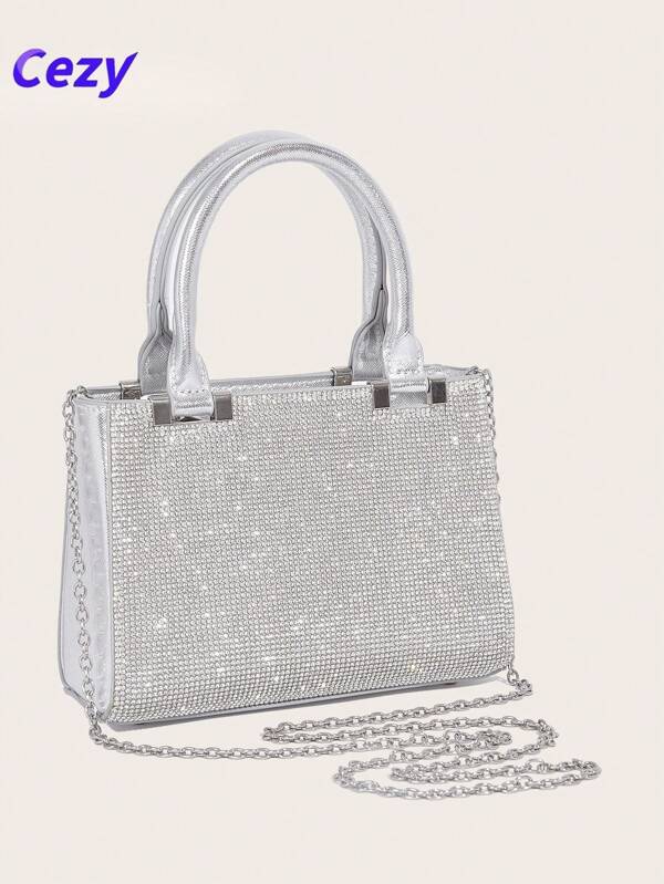 Cezy Bolso de mano con decoración de rhinestones plateados, correa de cadena desmontable y cierre con cremallera - Bolso de embrague de noche brillante para bodas, ocasiones formales, fiestas - Accesorio de moda de lujo para mujer, atuendo formal, con adornos de rhinestones