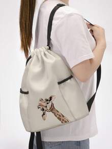 1pc Drawstring Bag With Giraffe Pattern, Black Drawstring Backpack For Sports, Fitness, Travel, Swimming, Beach, Gym Training, Unisex, Back To School - Multicolor - View 6