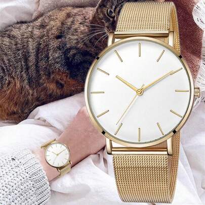 1 pieza Reloj de pulsera de cuarzo para mujer, correa de malla, esfera redonda, banda de acero inoxidable, esfera ultrafina, estilo minimalista y de moda, reloj de joyería de oro rosa de alta calidad, adecuado para uso casual, fiesta, viaje, puede ser un regalo de vuelta a la escuela para estudiantes