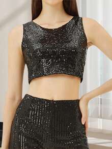 Women Sequin Tank Tops Slim Sparky Round Neck Sleeveless Showing Navel Crop Vest  Summer Streetwear - 黑色 - 查看 3