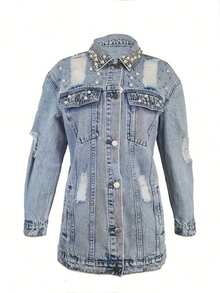 Women's Casual Denim Jacket, Paired With Pearls And Distressed Decorations, Suitable For All Seasons, Suitable For Daily Outings, Shopping, Dates, Parties