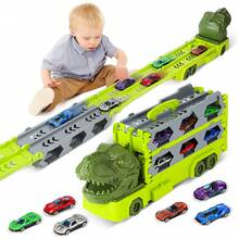 Portable Dinosaur Race Track Car Set With 6 Race Cars - Green - View 1