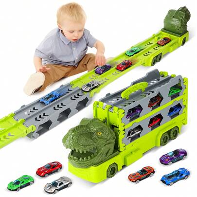 Portable Dinosaur Race Track Car Set With 6 Race Cars