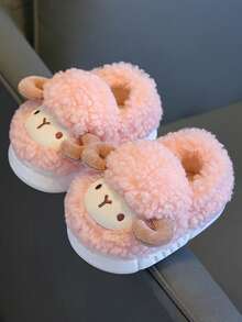 1 Pair Kids Cartoon Animal Slippers For Boys And Girls, Multi-Color Plush Indoor Shoes With Comfortable Fabric Lining, EVA Sole, Cute Animal Design, Warm Winter Slippers - Pink - View 6