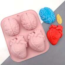 1 件 4 腔硅胶大脑和心形蛋糕模具、DIY 巧克力装饰烘焙模具、手工糕点模具 - 彩色 - 查看 3