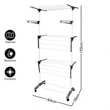 3-Tier Large Foldable Clothesline With 4 Wheels - Blanco y Negro - Ver 4