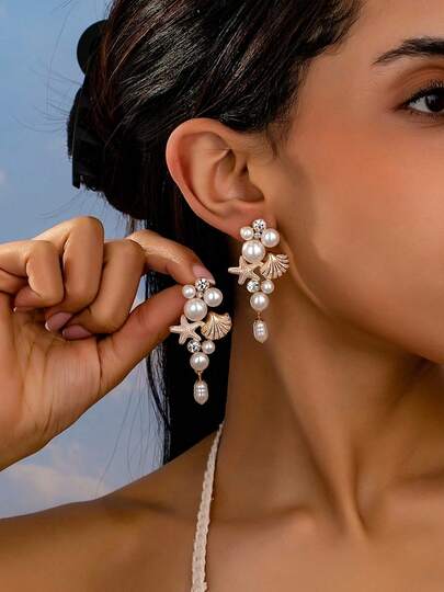 1 Pair Bohemian Style Elegant Fashion Faux Pearl Starfish Shell Dangle Earrings, Suitable For Women In Spring/Summer, Versatile Daily Wear And Gift