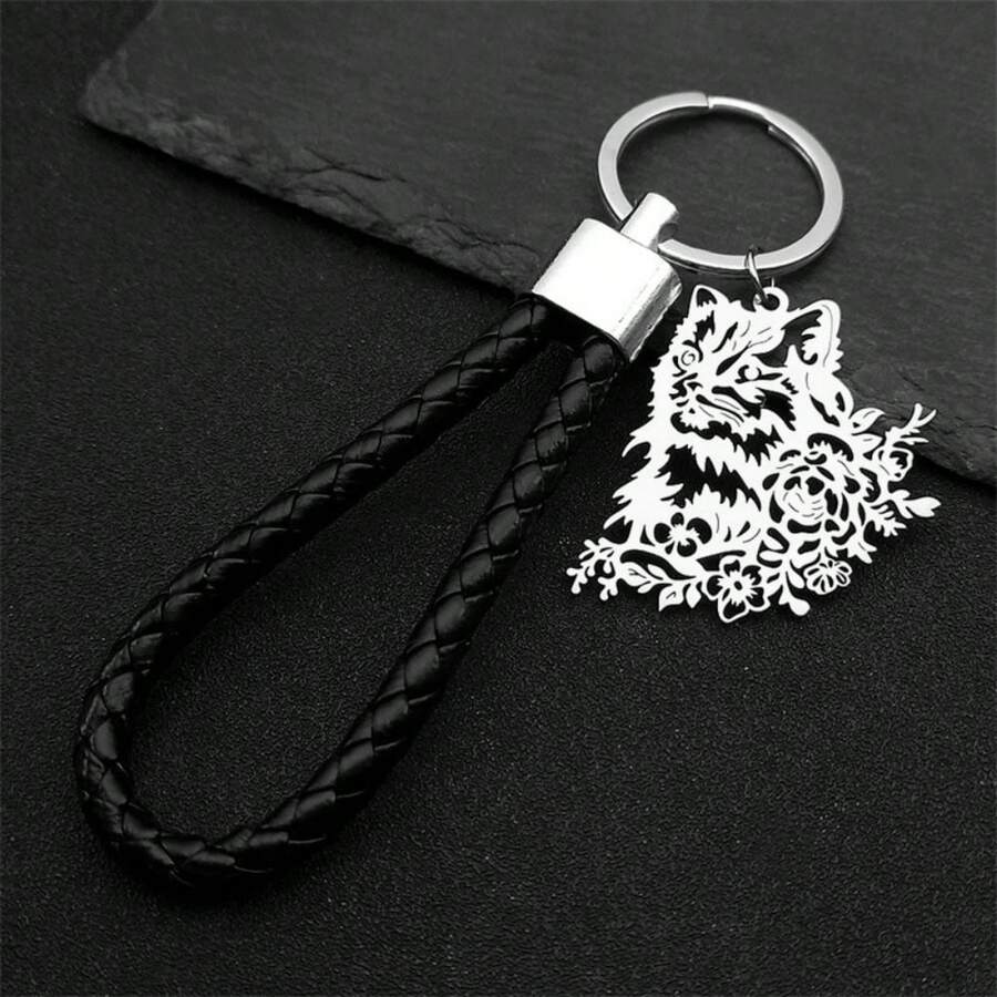 可爱猫咪花朵不锈钢吊坠钥匙扣男女金色合金 PU 皮革小猫动物钥匙扣饰品