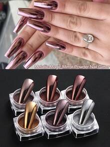 6色金属魔镜粉指甲闪粉，瓶装激光极光粉，镜面效果指甲粉套装，金色、银色、深紫色、深红色指甲装饰