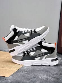 Men's Retro Contrast Color Letter Pattern Leather Panel Lace-Up High Top Casual Sneakers, Personalized Functional Outdoor Comfortable All Season Versatile Sport Shoes - Contrasting Colors - View 5