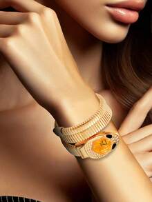 女士全新独特小众艺术蛇形钻石镶嵌精致缠绕手链蛇头石英表 - 均碼 - 查看 5