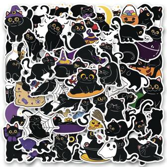 50 件黑猫动物贴纸美学贴纸贴花剪贴簿、日记、笔记本电脑、保险杠、滑板、水瓶、电脑、手机、卡通、安全帽、汽车贴纸