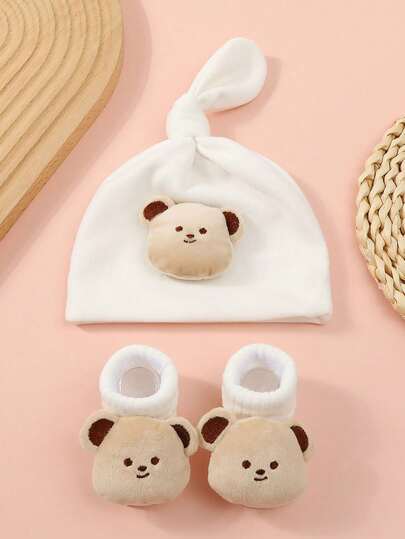 1 pièce Bonnet tricoté à l'effigie d'un ourson pour nourrissons + 1 paire de chaussettes bébé mi-mollet pour le sol, accessoires pour nourrissons de 0 à 1 an