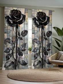 ستارتان أنيقتان مطبوعتان بنقشة الوردة السوداء والزجاج الملون، طباعة رقمية عالية الدقة، تركيب بجيب العصا، 100% بوليستر، 90 جرام/متر مربع، مناسبة لجميع الفصول، تصفية الضوء، حماية الخصوصية، ستائر زخرفية حاجبة للأشعة فوق البنفسجية