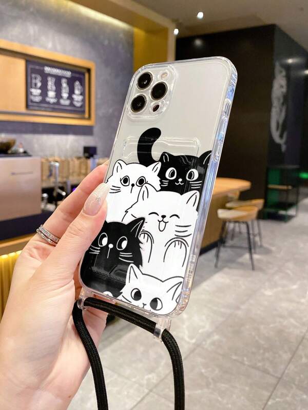 1pc White Integrated Black Lanyard Card Holder TPU Cat Patterned Phone Case/Shockproof Phone Case/Fun Phone Case, Compatible With Apple/Android/OPPO Phones, 15 Pro Max, 14 Pro Max, A52 4G, A31 4G, A23, Redmi Note 11 Pro 4G, Redmi Note 12 4G, OPPO A54, A14, A54