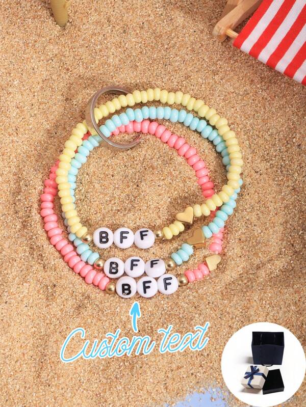 Armband-Set zum Individualisieren, Minimalistisch Sommer Strand Stil Perlenarmband und Ring Set, kann Namen, Slogan, Ort, Datum anpassen, geeignet für Geburtstag, Valentinstag, Jahrestags-Feier, Geschenk für Freundin, Freund, Alltagsmode