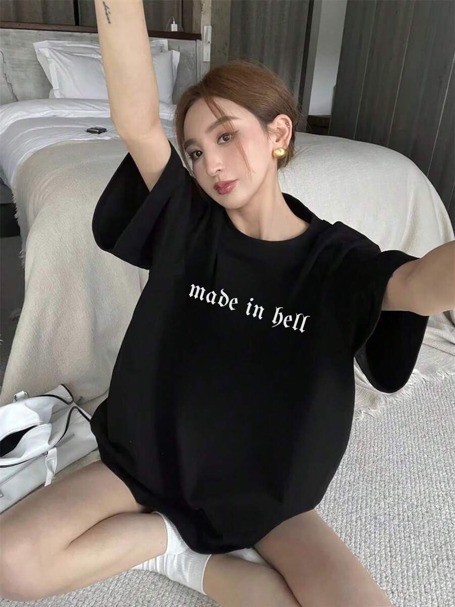 女士时尚宽松字母图案黑色休闲T恤 - 黑色 - 查看 1