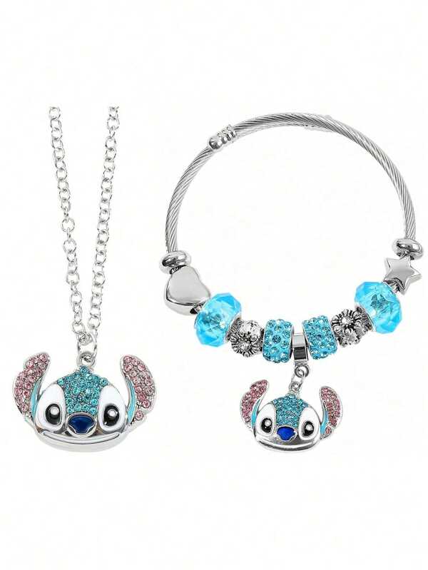 Set de 2 piezas, [Pulsera+Collar] Nuevo brazalete Disney, Pulsera magnética creativa de pareja, Pulsera Stitch, Set de collar y pulsera interestelares, Regalo perfecto para parejas, Accesorios de joyería simples multifuncionales, Pulsera de aleación de zinc/sin batería