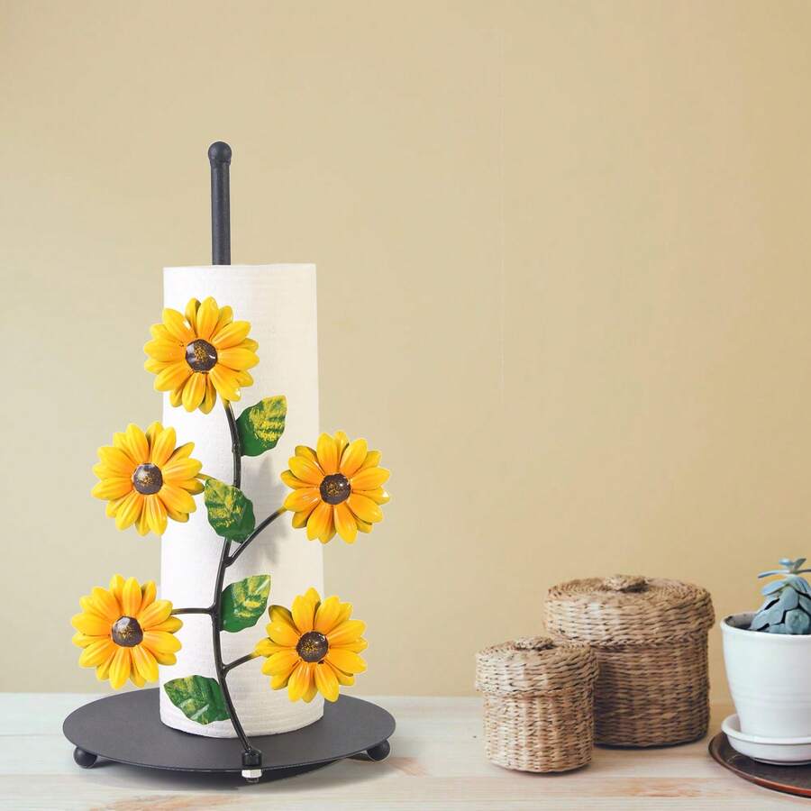 1pc Sunflower Kitchen Paper Towel Holder, Iron Paper Towel Storage Rack, Butterfly Paper Roll Holder, Roll Paper Holder, Home Decor - 黃色 - 查看 1