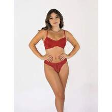 Comfort And Elegance: Half Cup Bra And Panty Set With Lace - 紅色 - 查看 2