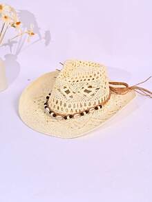 1 件女士夏季装饰锆石链镂空透气草帽，男女通用时尚个性化牛仔帽，防晒，适合海滩度假和日常穿着，父亲节的绝佳礼物选择（珠子略有色差，但不影响使用）