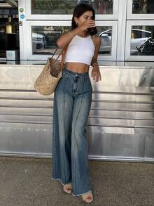 Livesso 女式喇叭牛仔裤，带磨损下摆，宽松牛仔裤 - 藍色 - 查看 5