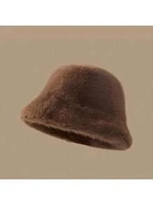 New Fashionable Personalized Versatile Faux Mink Bucket Hat For Women, Autumn/Winter, Versatile Korean Style Bucket Hat, Plush Warm Hat, Casual Polyester Solid Color Windproof Warm Hat, Autumn/Winter