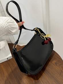 Bolso de hombro con cremallera de unicolor y minimalista, bolso en forma de media luna de moda, bolso de hombro con cremallera de piel sintética de unicolor, monedero de color borgoña, bolsa - Negro 3 - Ver 8
