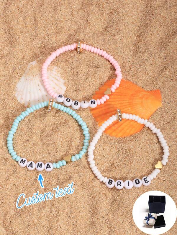 Armband-Set nach Maß, Urlaubsstil am Strand, minimalistisches Set mit Perlenarmband im Cartoon-Dopamin-Muster, personalisierbar mit Namen, Sprüchen, Daten, geeignet als Geburtstagsgeschenk, Valentinstag, Jahrestag, Geschenk für beste Freunde, Alltagsaccessoire