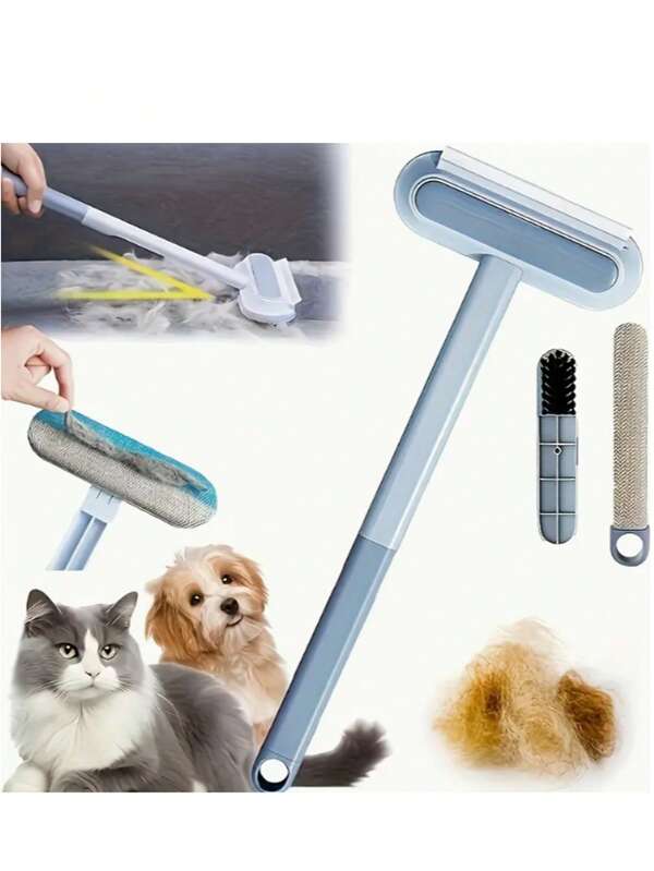 1pc 2-In-1 Multi-Functional Pet Hair Cleaning Brush, Washable & Reusable, Durable Extended Handle, Suitable For Carpet/Sofa/Scratch Pad/Glass, Easy Cleaning & Grooming Tool, Blue-Gray Brush Head, Sturdy Plastic Handle, Pet Hair Remover Set