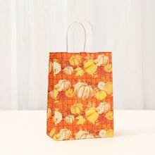 12pcs/6pcs Autumn Kraft Paper Gift Bags With Handles, Pumpkin Leaf Design Gift Bags, Shopping Bags, Packaging Bags, Suitable For Autumn, Baby Shower, Birthday Party Small Gifts, Thanksgiving, Halloween Holiday Party Favor Bags