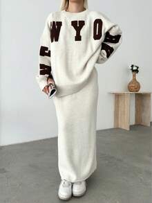 Button Detailed Skirt Set, Solid Color Casual Split Ribbed Button Co-Ord Set For Home Wear - White - View 2