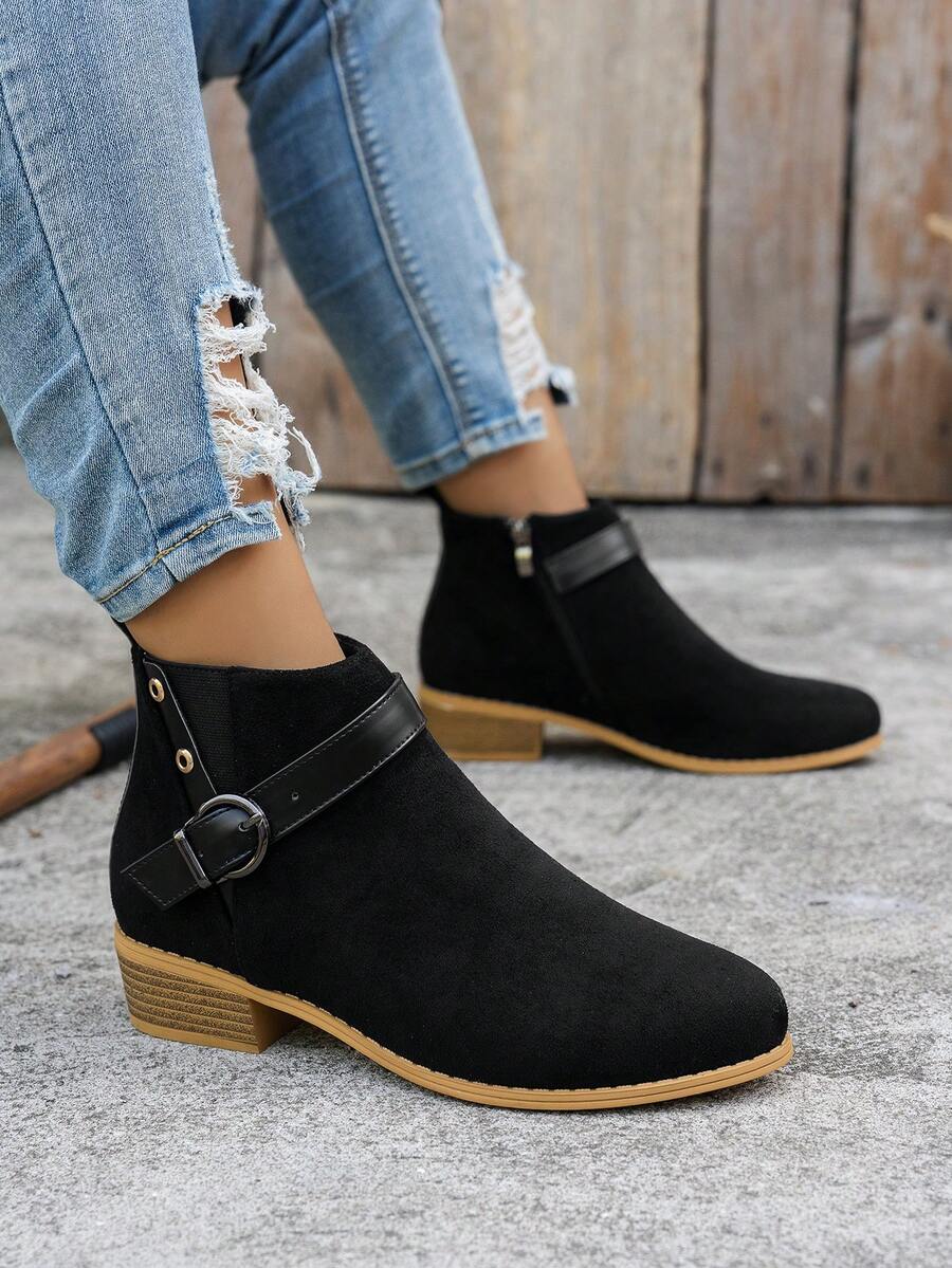 Botas de tobillo con botones de moda para mujer, botas de tobillo cortas casuales y de exterior de talla grande - Negro - Ver 1