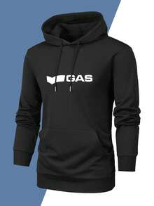 Men's Lightweight Breathable Sweatshirt, Ideal For Spring And Autumn. Featuring A Pullover Design With A Hood And Front Pocket, Accented By A Minimalist And Fashionable Letter Print. Suitable For Outdoor Activities, Commuting, Or Casual Wear At Home, Offering Both Style And Comfort. The Two Pieces Design Enhances Versatility, Perfectly Balancing Practicality And Fashion. - Black - View 2