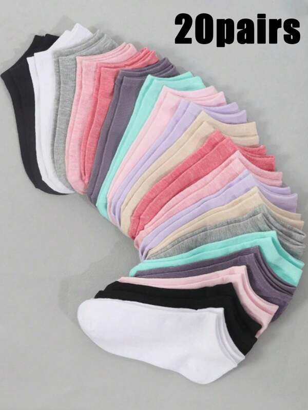 20 Pairs Women's Candy Color Solid Color Socks, Sport Socks, Invisible Socks, Solid Color Simple And Fashion, Suitable For Daily Casual Wear