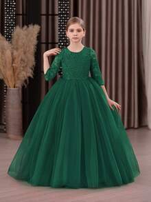 Tween Girl Lace Trim Deep V Back Mesh Princess Dress, Suitable For Birthday Party, Easter, Flower Girl, Wedding, Prom, Holiday Occasions - Dark Green - View 6