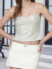 Women's Sparkle Cami Tops Sleeveless Spaghetti Strap Square Neck Sequin Camisole Party Rave Tops - White - View 3