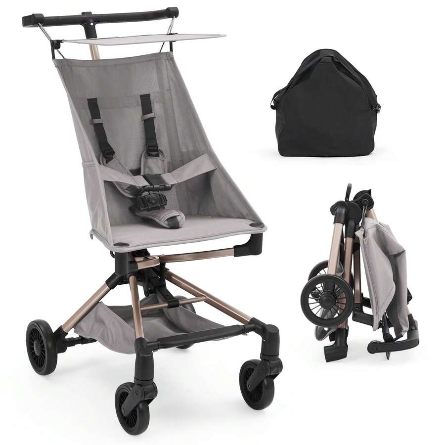 Techigher leichter Kinderwagen, kompakt Buggy mit einem Rucksack, faltbarer Reisebuggy mit Ablagekorb, verstellbarer Markise - Grau - Übersicht 1