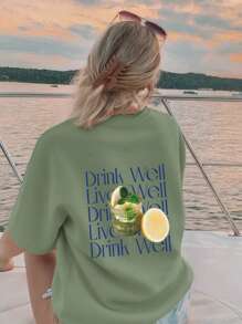 女士純色圓領短袖 寬鬆T卹，100%棉質，春夏裝上衣 外出度假 沙灘，檸檬雞尾酒，日常 休閒女裝，街頭服飾，節日服裝女士