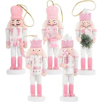 5 juldekorationer med nötklor, nötklor i trä, hängande dekorationer, 13 cm hög nötklo-styling för julgran, rosa juldekorationer för julgransdekorationer, dockdekorationer eller presenter