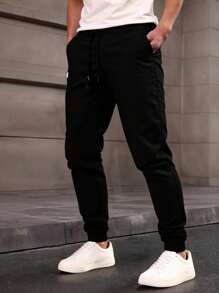 Pantalones holgados y estrechos con cordón y bolsillo de unicolor para hombre, pantalones cargo estrechos para vacaciones largas, regalo para esposo o novio - Negro - Ver 3