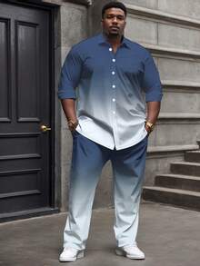 Men's Plus Size Casual Sport Suit: Gradient Long Sleeve T-Shirt + Pocket Drawstring Pants - Polyester Blend, Machine Washable - 漸變藍 - 查看 1