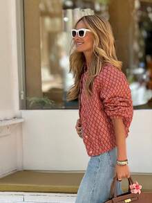 时尚印花休闲夹克，红色长袖轻薄短款外套 - 紅色 - 查看 2