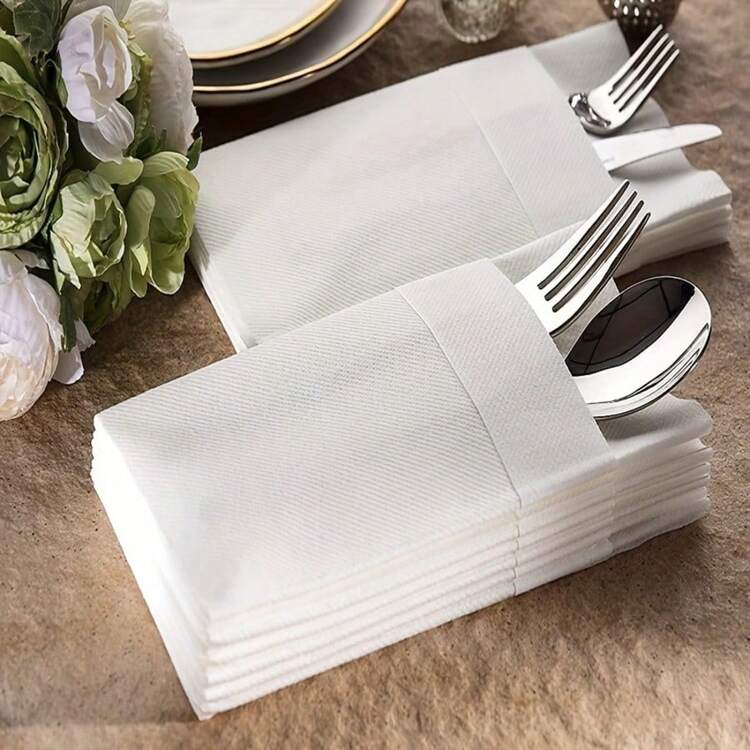 100 Unidades Guardanapos de Papel Descartáveis com Textura de Linho Branco e Bolsos Embutidos para Talheres - Super Absorventes, Adequados para Casamentos, Festas, Decorações de Natal, Guardanapos de Natal, Decoração de Mesa de Natal, Configurações de Mesa Elegantes para Feriados e Eventos Especiais, Utensílios para Festa, Decoração de Mesa Refinada, Design de Bolso para Talheres - Multicolorido - Visão 1