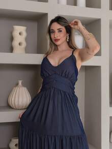 Vitoria Luxury Long Dress With Imitation Chambray Straps And Waist Detail - 深色水洗藍 - 查看 5