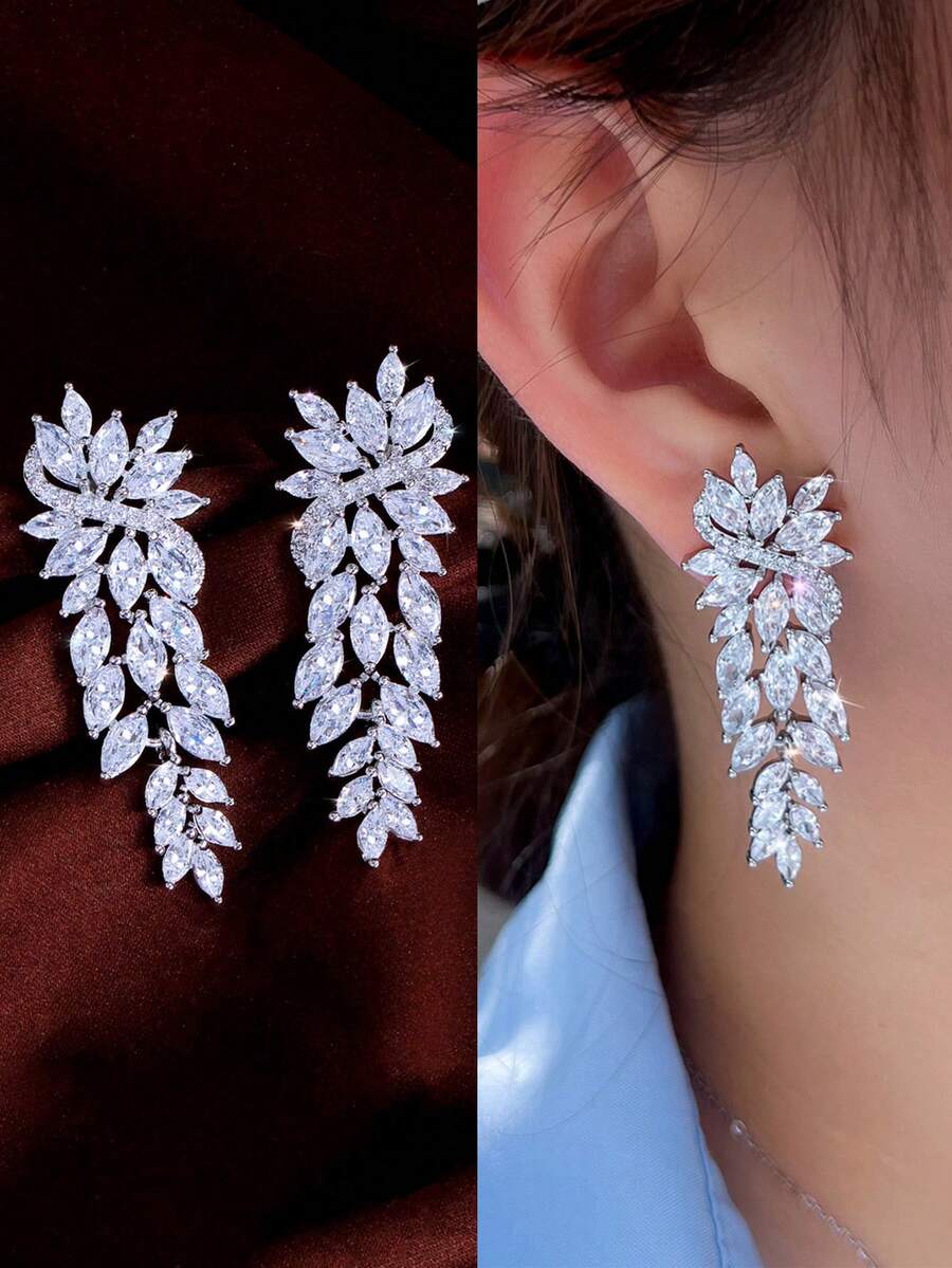 1 对精美女士方晶锆石对称长白叶垂坠耳环，镀银 CZ 新娘珠宝，适合婚礼、订婚、派对、舞会
