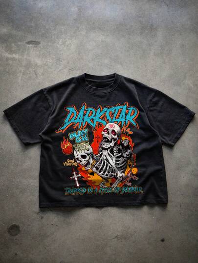 Men's Minimalist Crew Neck Casual Sports Skeleton & Letter Print Short Sleeve T-Shirt, Black